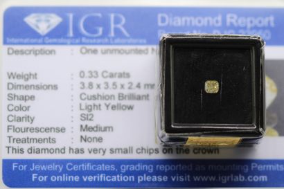 null Diamant "light yellow" coussin sous scellé.

Accompagné d'un certificat de l'IGR...