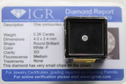 null Diamant "white F" rond sous scellé.

Accompagné d'un certificat de l'IGR indiquant...