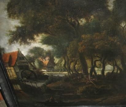 HOBBEMA Meindert (Suite de) (1638 - 1709) Paysage au moulin Huile sur toile. Marouflé...