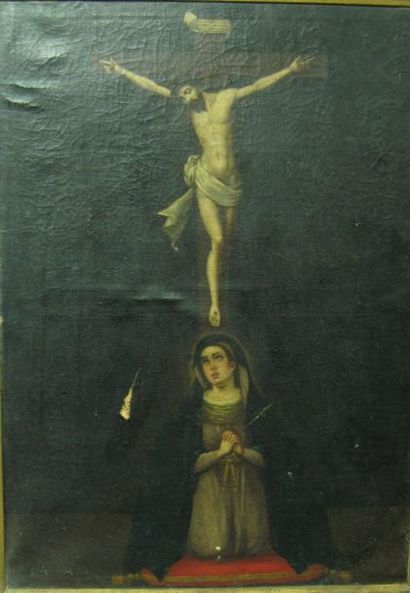 École ESPAGNOLE (genre du XVIIe siècle) Le Christ en croix et la Vierge de Douleur...