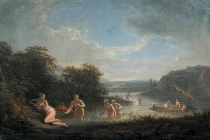 Jacques Antoine VALLIN (1760 - 1831) Baigneuses dans une rivière Toile. Haut.: 39...