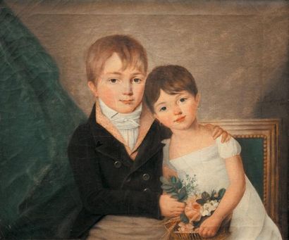 École FRANÇAISE - Premier quart du XIXe siècle Portrait de deux enfants aux yeux...