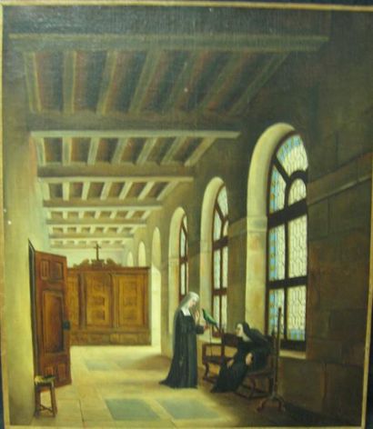 École FRANÇAISE du XIXe siècle Intérieur de couvent avec deux religieuses et leur...