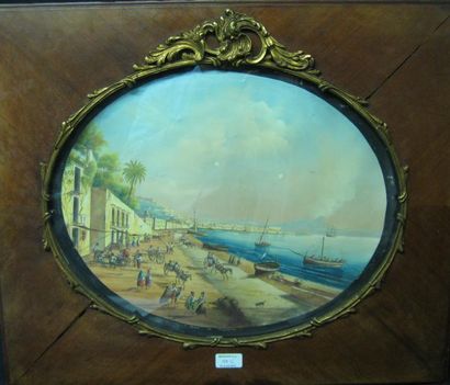 ÉCOLE NAPOLITAINE fin XIXe siècle, Napoli da Mergellina
gouache de forme ovale, non...