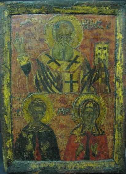 null Athanase, un Saint et une Sainte Tempera sur bois à deux registres. Grèce, vers...