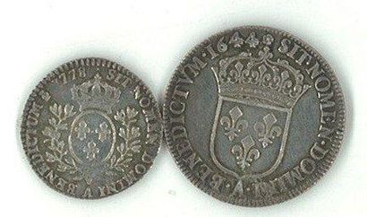 FRANCE Lot d'un quart d'écu à la mèche courte de LouisXIV (1644A) et d'un dixième...
