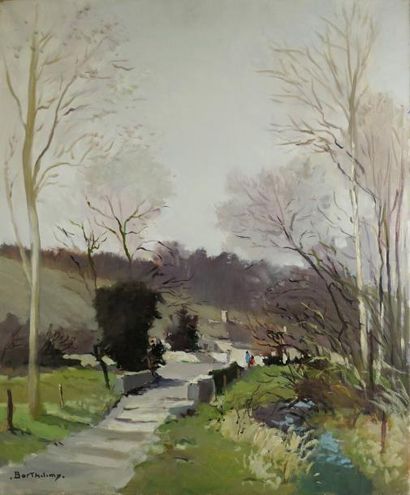 BARTHELEMY GÉRARD (NÉ EN 1927) Rivière et hameau Huile sur toile, signée en bas à...