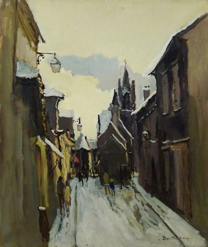 BARTHELEMY GÉRARD (NÉ EN 1927) Rue à Moret sous la neige Huile sur toile, signée...