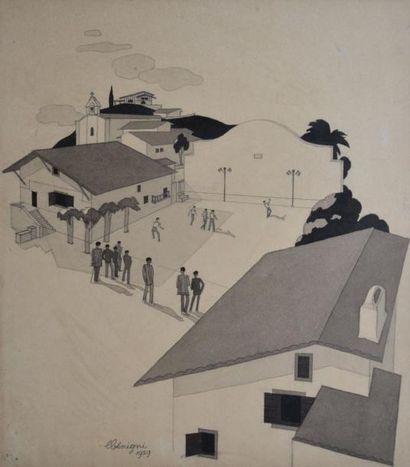 BÉNIGNI LÉON (NÉ EN 1892) Pelote basque, 1929 Lavis d'encre noire (petites rousseurs),...