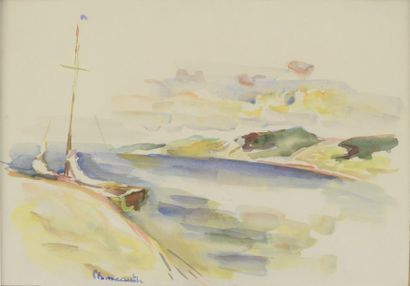 BONNECARRERE PIERRE, NÉ EN 1933 Voilier au mouillage aquarelle, signée en bas à gauche,...