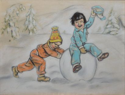 BOURET GERMAINE, ATTRIBUÉ À Jeux d'enfants à la neige pastel sur papier, non signé,...