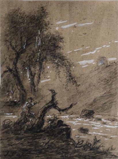 DEFER JULES, 1803-1902 Pêcheur au bord de rivière plume, lavis d'encre noire et rehauts...