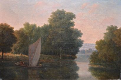 ÉCOLE FRANÇAISE DU XIXE SIÈCLE Barque à voile sur la rivière, 1837 Huile sur toile...