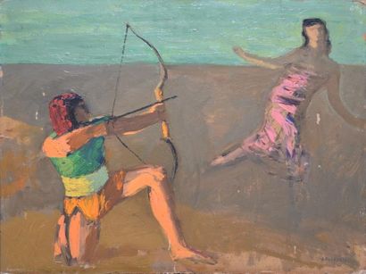 FLANDRIN JULES LÉON (1871-1947) Archer visant une femme Huile sur carton parqueté...