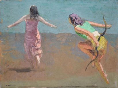 FLANDRIN JULES LÉON (1871-1947) Archer poursuivant une femme Huile sur carton parqueté...
