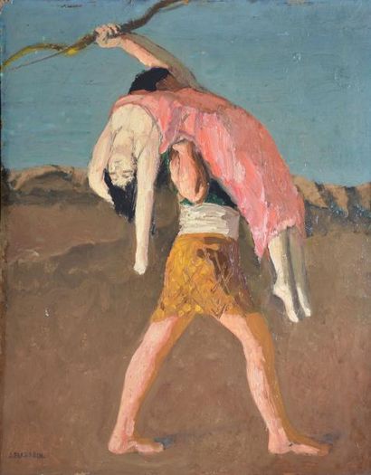 FLANDRIN JULES LÉON (1871-1947) Guerrier enlevant une femme Huile sur carton parqueté...
