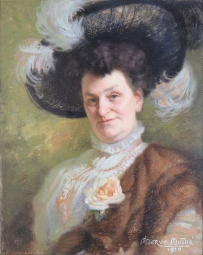 HERVÉ-MATHÉ JULES ALFRED (1868-1953) Dame au chapeau à plumes, 1910 Pastel, signé...
