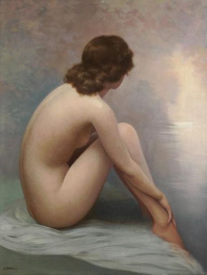 JANNEL JEAN (NÉ EN 1894) Baigneuse au rivage Huile sur toile, signée en bas à gauche,...