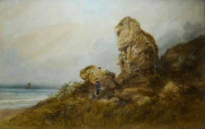 LEBAS HIPPOLYTE GABRIEL, 1812-1880 Promeneur devant la mer Aquarelle en partie vernie...