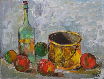 PERESS PIERRE (1919-1990) Cuivre, bouteille et pommes Huile sur toile, signée en...