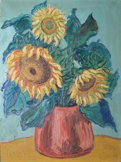 PERESS PIERRE (1919-1990) Tournesols, hommage à Van Gogh Huile sur toile, signée...