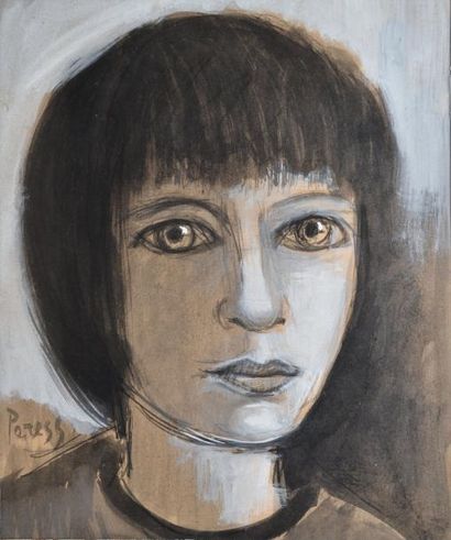 PERESS PIERRE (1919-1990) Brune aux grands yeux Crayon, lavis noir et rehauts de...