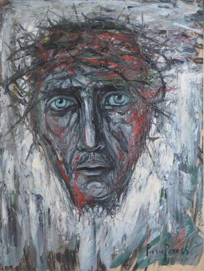 PERESS PIERRE (1919-1990) Christ à la couronne d'épines Peinture sur papier, signé...