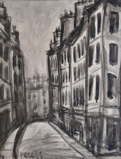 PERESS PIERRE (1919-1990) Rue et immeubles Lavis d'encre noire, signé en bas à gauche,...