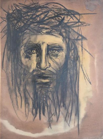 PERESS PIERRE (1919-1990) Tête de Christ Fusain et lavis brun (traces d'humidité),...