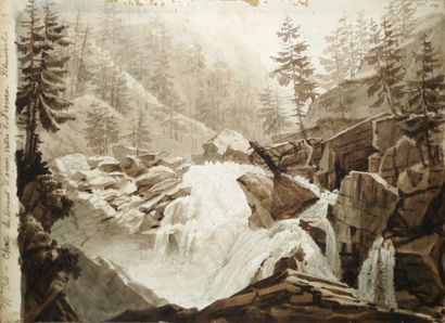 PINGRET ÉDOUARD, 1788-1875 Chute du torrent d'Avers, vallée de Ferrera, n°34 Lavis...