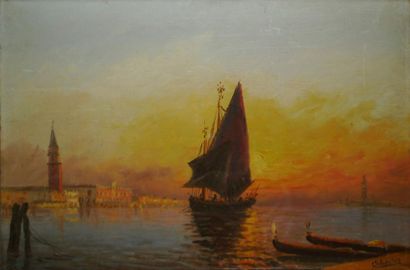 QUINTAINE ROGER, 1921-2005 Voilier devant Venise au crépuscule Huile sur toile (traces...