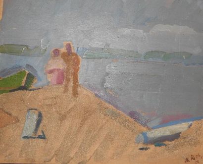 RETH ALFRED (1884-1966) Deux promeneurs au bord de l'eau, 1955 Huile et collage de...