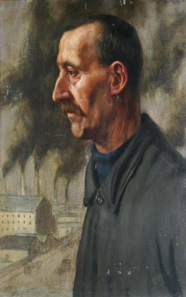 SANTA OLARIA VICENTE (XIXE-XXE SIÈCLES) Portrait d'homme devant des usines Huile...