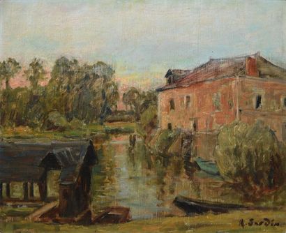 SARDIN ALBERT EDMOND (1874-1947) Rivière au bateau-lavoir Huile sur toile (usures),...