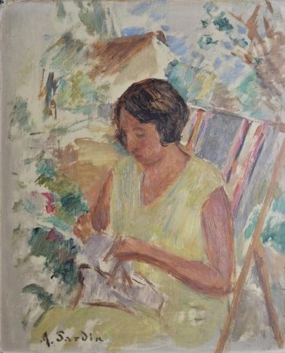 SARDIN ALBERT EDMOND (1874-1947) La couture au jardin Huile sur carton, signé en...