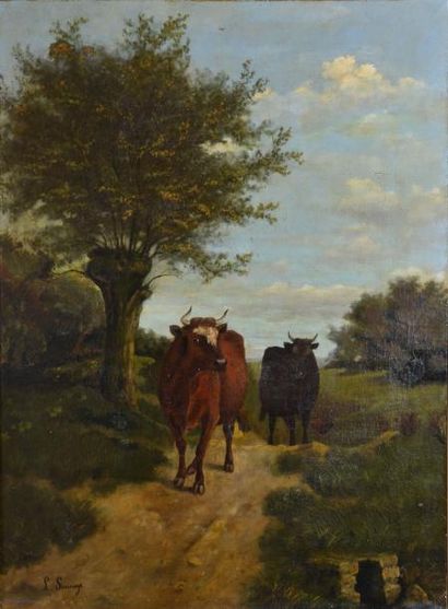 SAUNAGE L., XIXE SIÈCLE Vaches au chemin Huile sur toile (restaurations, accidents),...