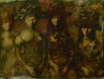 VIGNY SYLVAIN, 1902-1970 Quatre femmes chapeautées Peinture sur carton, non signé,...