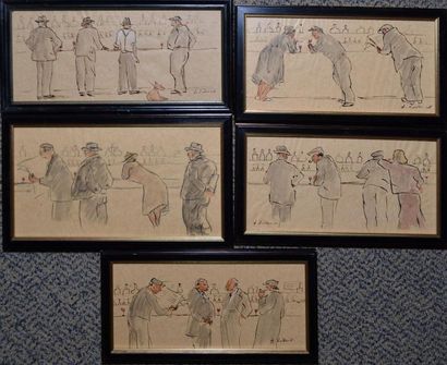 VUILLEMOT AUGUSTE (1883-1970) Scènes de bar Cinq dessins à l'encre ou au crayon noir...