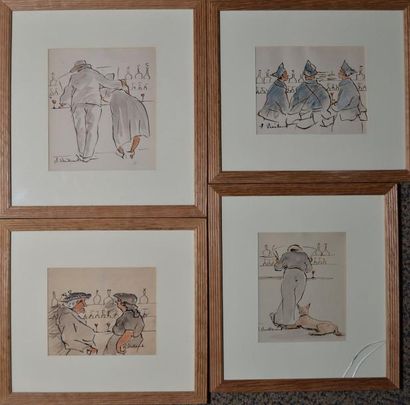 VUILLEMOT AUGUSTE (1883-1970) Scènes de comptoir Quatre dessins à l'encre aquarellés,...