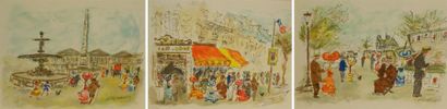 HUCHET URBAIN (NÉ EN 1930) Vues de Paris 3 lithographies en couleurs, signées en...