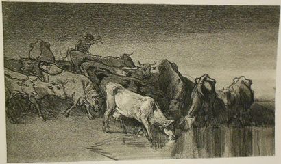 JACQUE CHARLES EMILE (1813-1894) Vaches conduites à l'abreuvoir Lithographie en noir,...