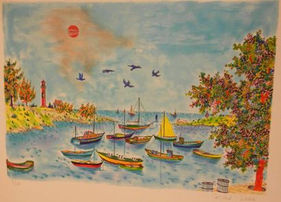 LOEB MICHEL (NÉ EN 1930) Les bateaux à l'ancrage Lithographie en couleurs, signée...