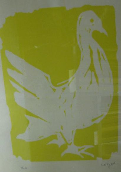 LORJOU BERNARD, 1908-1986 Pigeon Lithographie en jaune sur papier beige (insolation)...