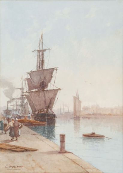 LOUIS ÉTIENNE TIMMERMANS 1846 - 1910 VOILIERS À QUAI aquarelle, signée en bas à gauche....