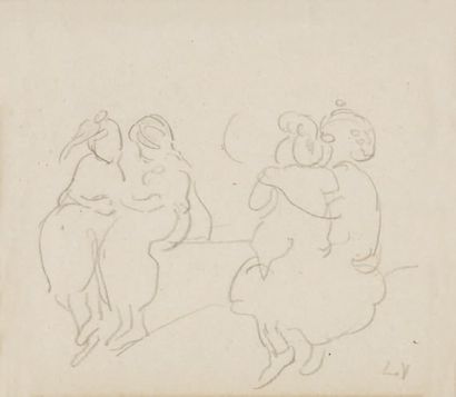 LOUIS VALTAT 1869 - 1952 SCÈNE FAMILIALE dessin à la mine de plomb sur papier beige,...