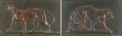 ANTOINE LOUIS BARYE 1796 - 1875 PANTHÈRE MARCHANT - LÉOPARD paire de bas - reliefs...