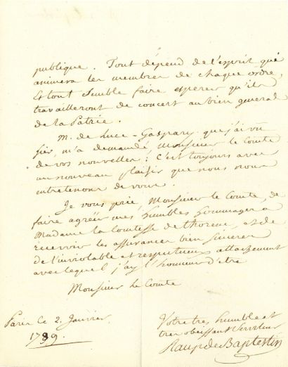 null Antoine-Joseph RAUP DE BAPTESTIN (1747-1827) publiciste. 2 L.A.S., Paris 2 janvier...