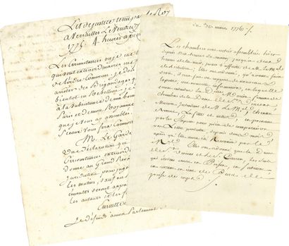 null NOUVELLES À LA MAIN. 2 manuscrits, 1775-1776 ; 2 pages in-4 et 1 page petit...