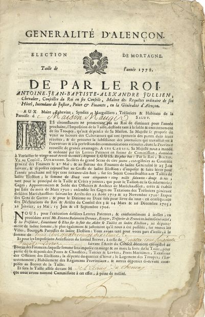 null alençon. 5 printed documents, most of them signed, Alençon 1776-1788; plates,...