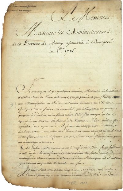 null BERRY. P.A.S par Page « ancien Directeur des Forges », octobre 1786, aux « Administrateurs...